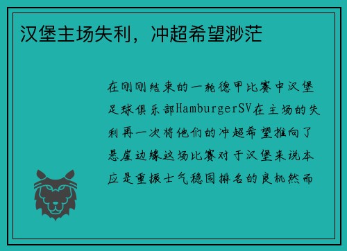 汉堡主场失利，冲超希望渺茫